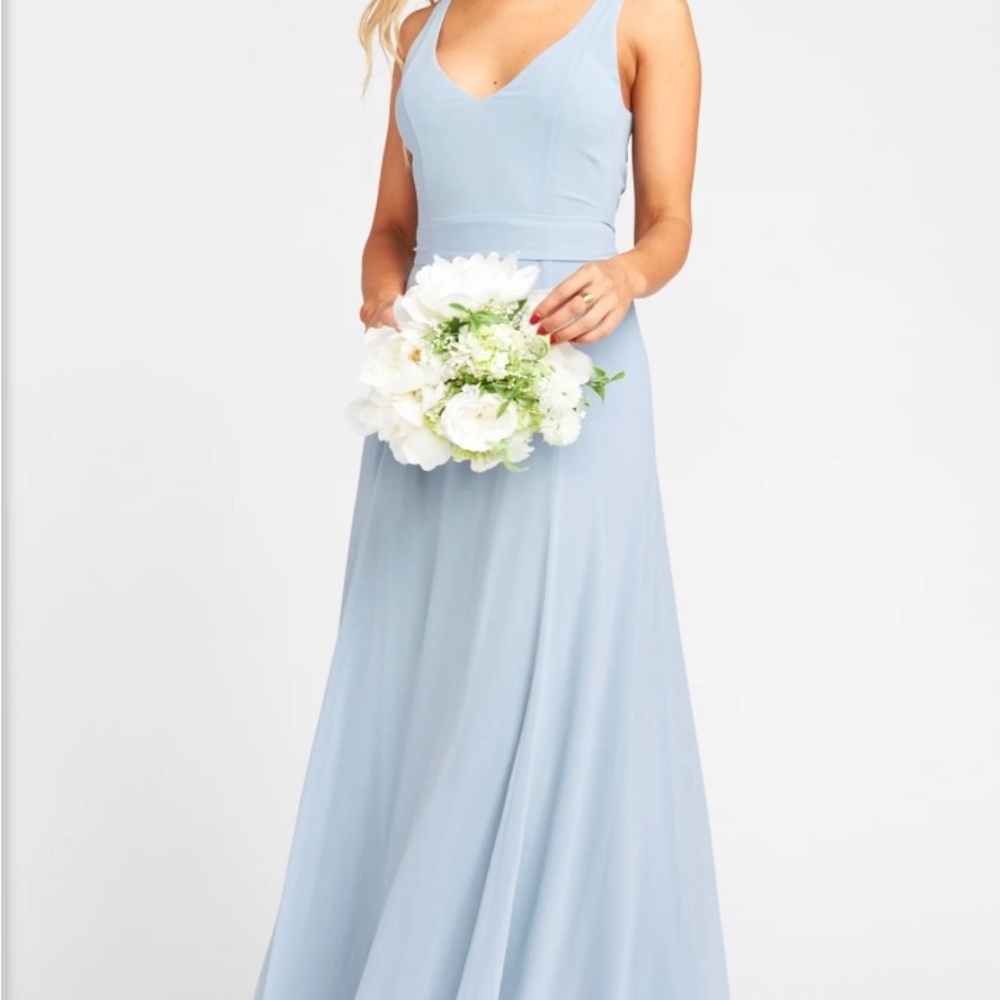 Show me Your mumu Jen maxi dress in steel blue chiffon